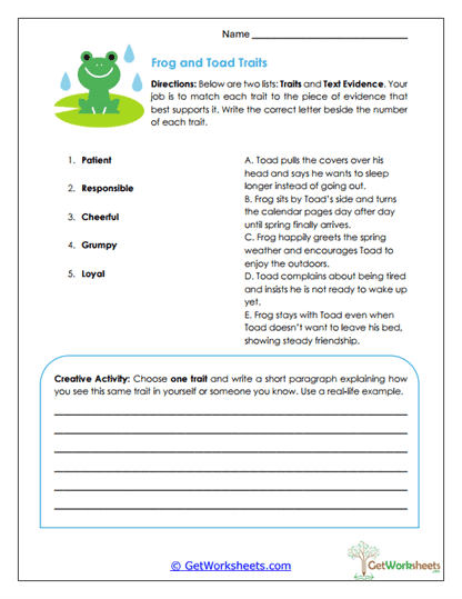 Frog and Toad Traits Worksheet
