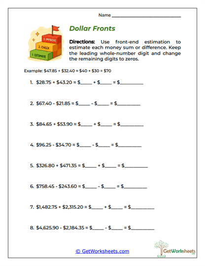 Dollar Fronts Worksheet