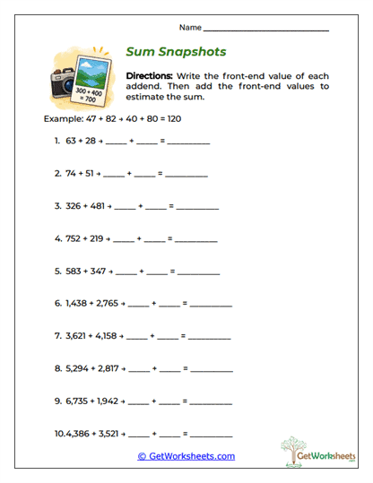 Sum Snapshots Worksheet