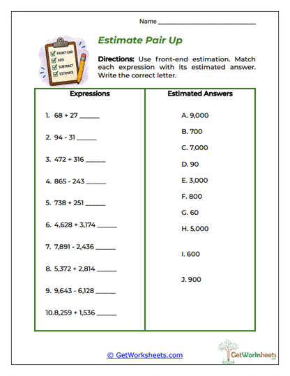 Estimate Pair Up Worksheet