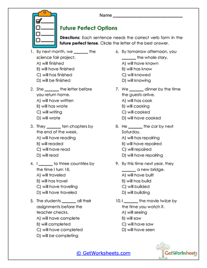 Future Perfect Options Worksheet