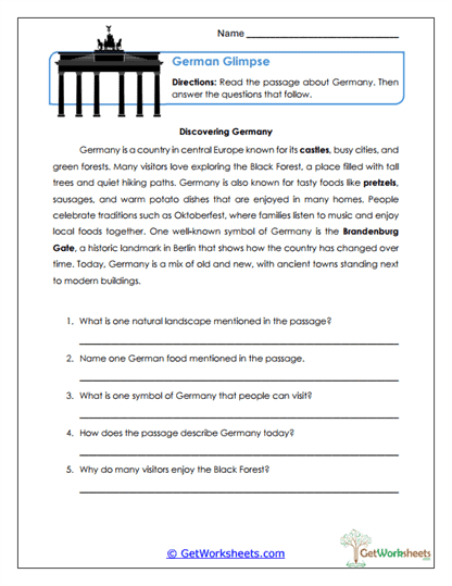 German Glimpse Worksheet