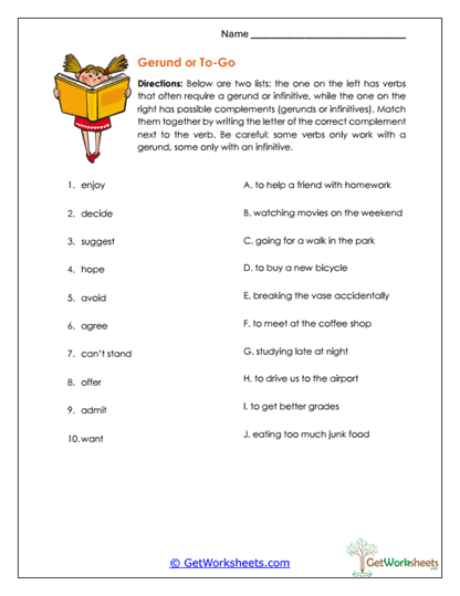 Verb Matching Activity Worksheet