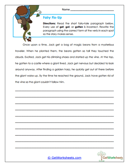 Fairy Tale Verb Repair Worksheet