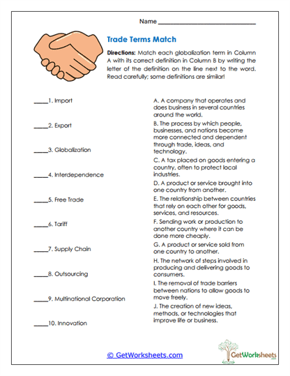 Trade Terms Match Worksheet