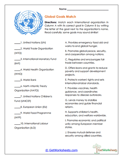 Global Organizations Match Worksheet