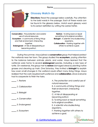 Glossary Match-Up Worksheet