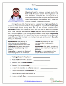 Definition Dash Worksheet - Analyzing and Classifying Vocabulary
