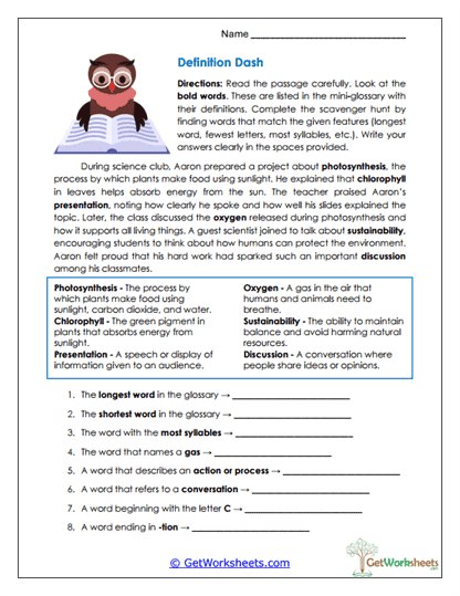 Definition Dash Worksheet