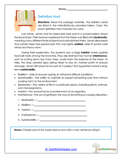 Definition Hunt Worksheet