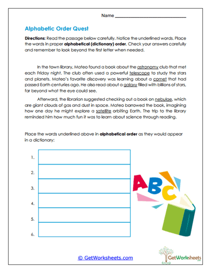Alphabetic Order Quest Worksheet