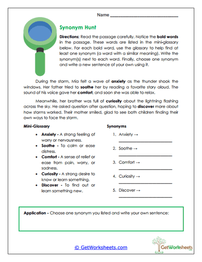 Synonym Hunt Worksheet
