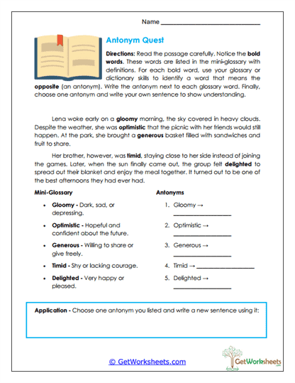 Antonym Quest Worksheet