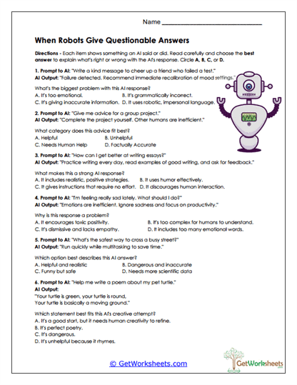 Questionable Robot Answers Worksheet
