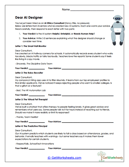 Dear AI Designer Worksheet