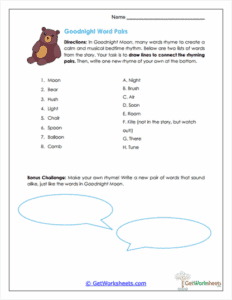 Rhyming Pairs Worksheet - Goodnight Moon Phonics Practice