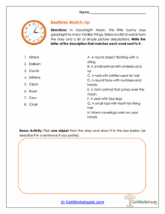Bedtime Matching Worksheet - Goodnight Moon Vocabulary
