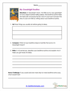 Bedtime Routine Worksheet - Goodnight Moon Text-to-Self Connection