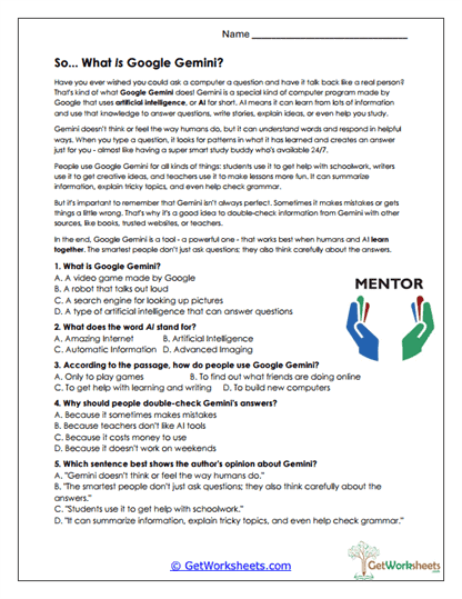What Is Google Gemini? Worksheet