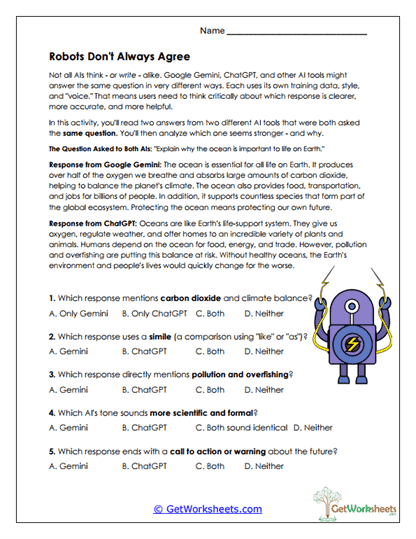 Robots Don't Always Agree Worksheet