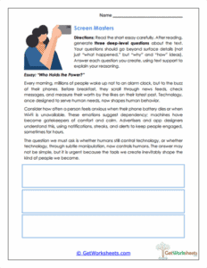 Technology and Human Behavior Worksheet - Deep Reading & Analysis