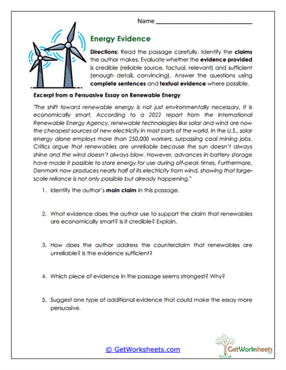Renewable Energy Evidence Worksheet