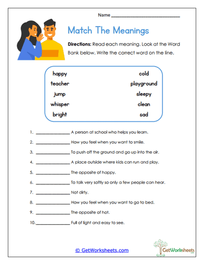 Meaning Match-Up Worksheet - Vocabulary Definitions Practice Worksheet