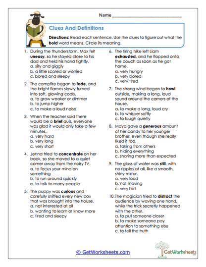 Clues and Definitions Worksheet