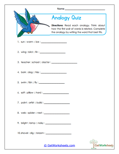 Analogy Adventure Worksheet