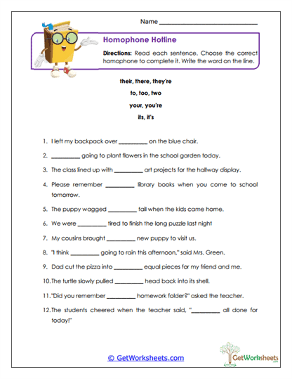 Homophone Hotline Worksheet