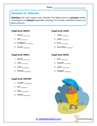 Synonym vs. Antonym Challenge Worksheet