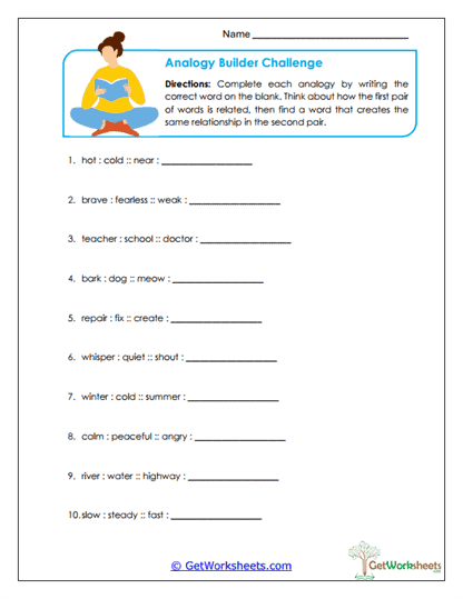 Analogy Builder Challenge Worksheet