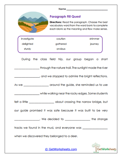 Paragraph Fill Quest Worksheet