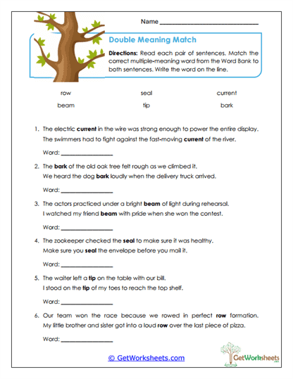 Double Meaning Match Worksheet