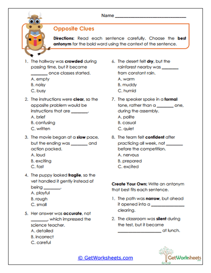 Opposite Clues Worksheet