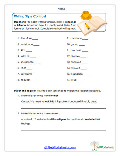 Writing Style Contrast Worksheet