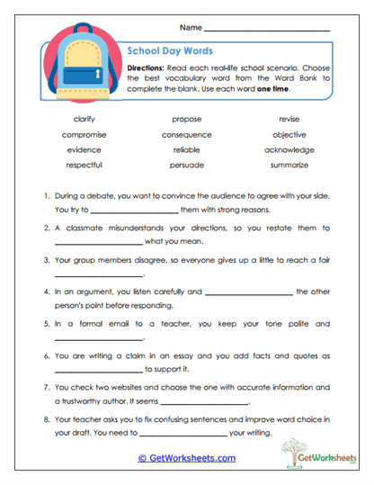 School Day Words Worksheet