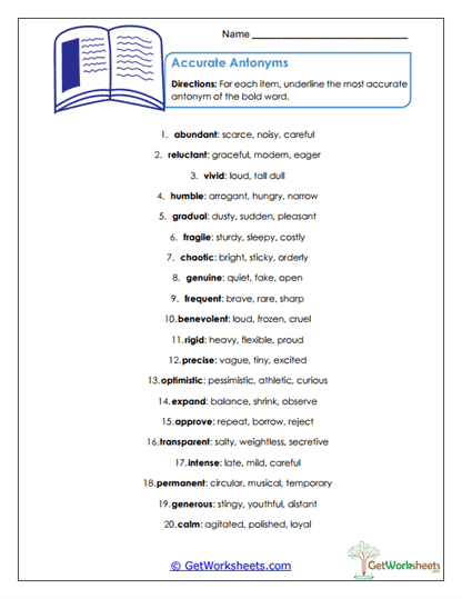Accurate Antonyms Worksheet
