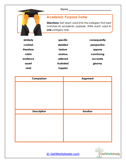Academic Purpose Sorter Worksheet