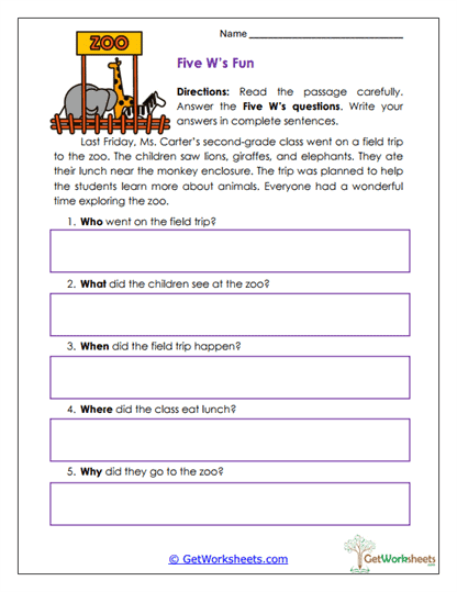Five W's Fun Worksheet