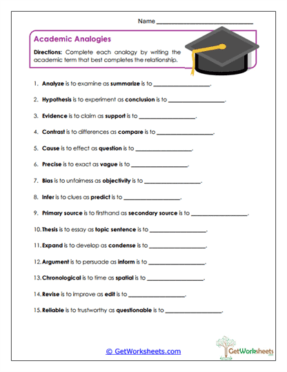 Academic Analogies Worksheet