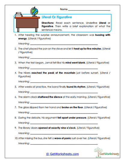 Literal or Figurative Worksheet