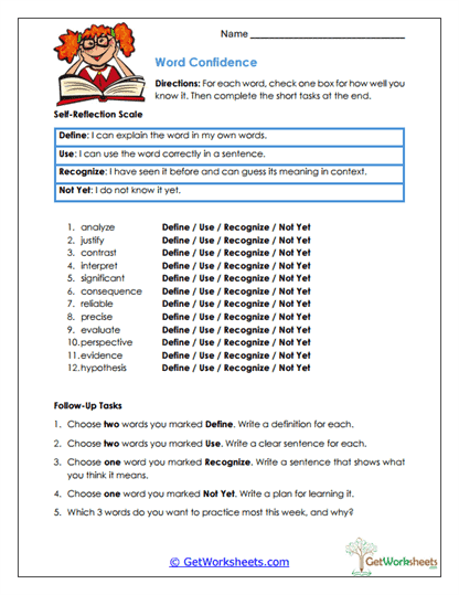 Word Confidence Worksheet