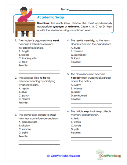 Academic Language Upgrade Worksheet