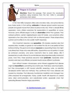 Plague in Context Worksheet - Vocabulary Through Informational Text