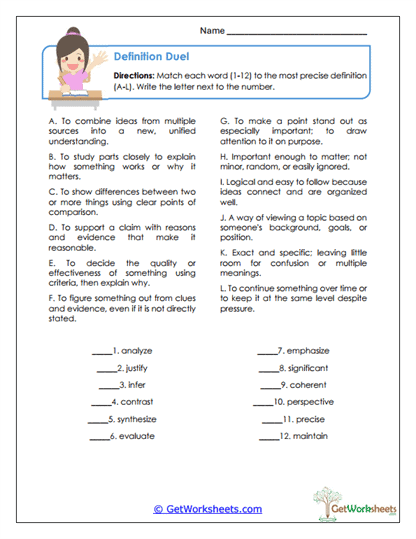 Definition Duel Worksheet