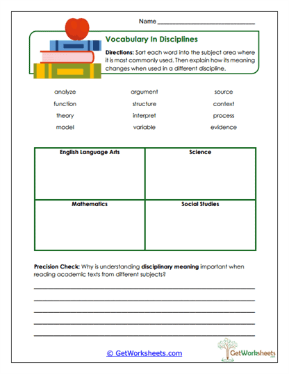 Vocabulary in Disciplines Worksheet