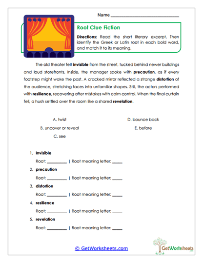 Root Clue Fiction Worksheet