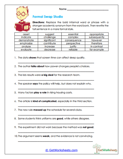 Formal Swap Studio Worksheet