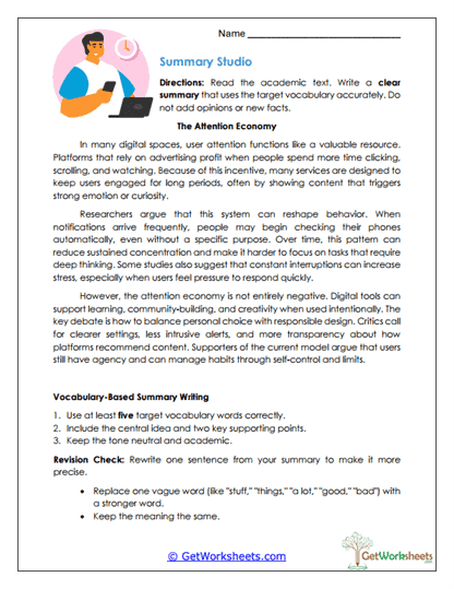 Summary Studio Worksheet